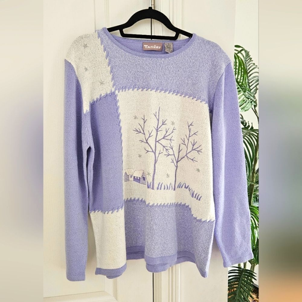 TanJay Purple and White Crew Neck Sweater with Winter Design